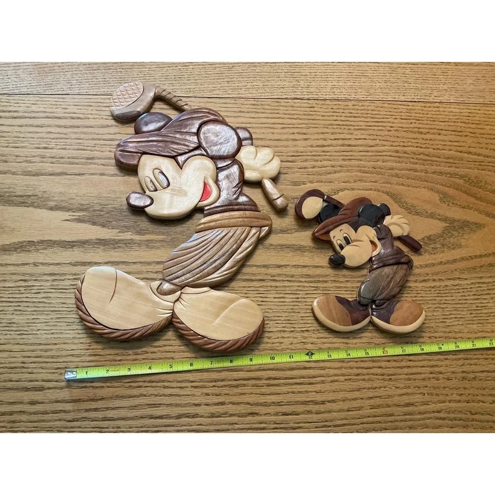 Vintage Disney Mickey Mouse Golf Intarsia Wood Wall Art Set of 2 Golfing Alaska